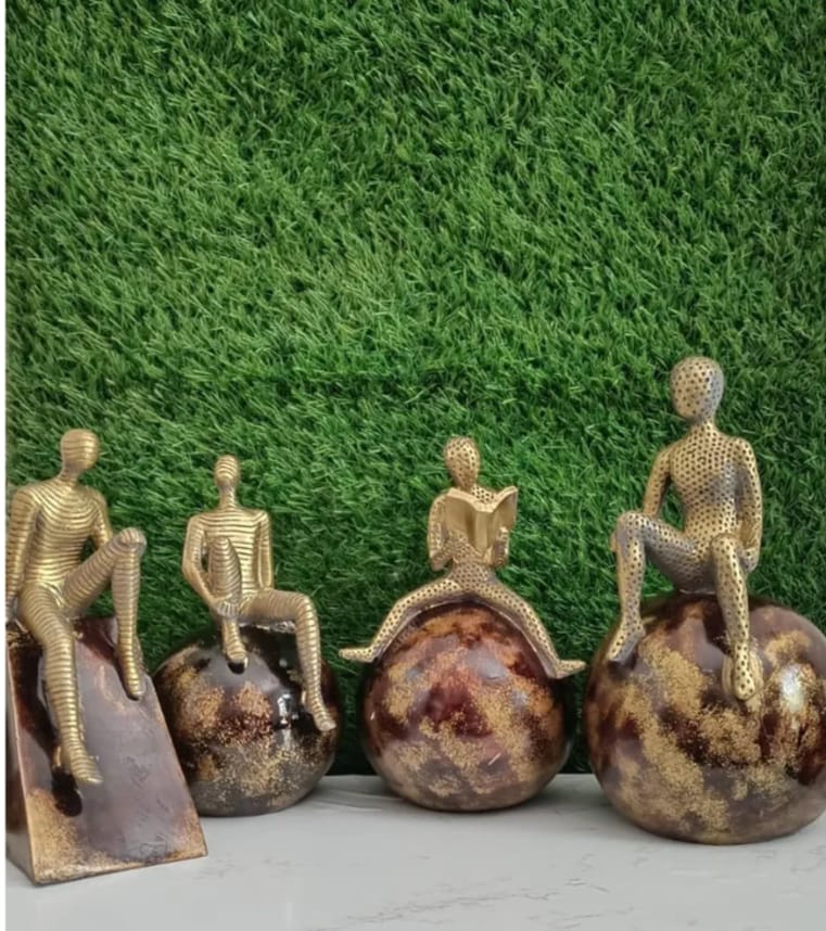 LETS CATCH UPP Gold Plated Abstract Resin Man Sitting Ball Figurine Set of 4 | Patterned Living Room Decoration Statue for Home Décor | Decorative Showpiece Sculpture | Elegant Décor Accent