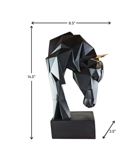 Geometric Black Horse Head Sculpture with Golden Horns