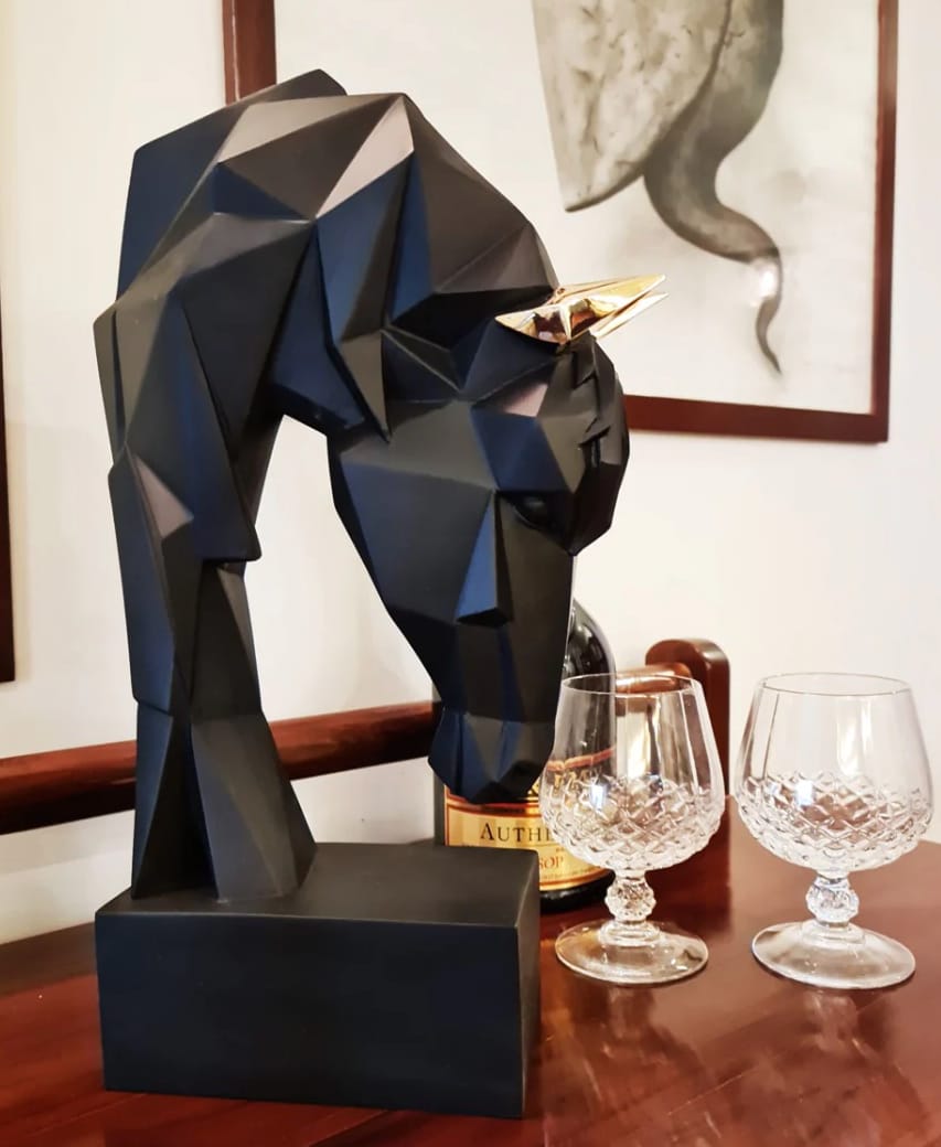 Geometric Black Horse Head Sculpture with Golden Horns