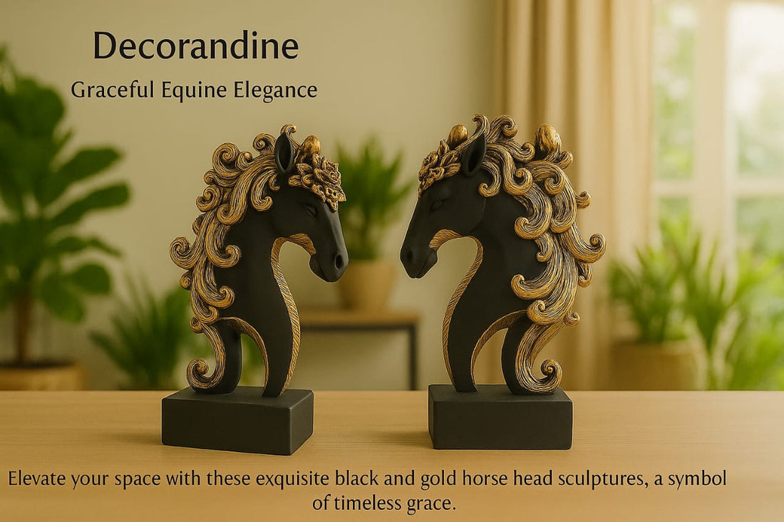 Graceful Equine Elegance: Black & Gold Horse Head Sculptures