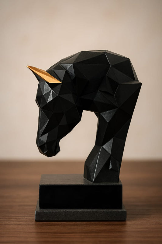 Geometric Black Horse Head Sculpture with Golden Horns